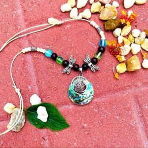 Hamza Dragonfly Abalone Shell Leather Necklace